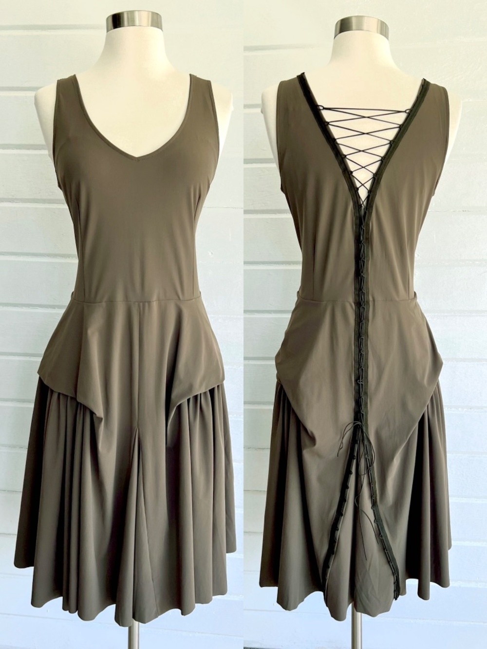 INDIES France Sleeveless Lagenlook Midi Dress with Lace-Up Back Dark Olive - 4/L